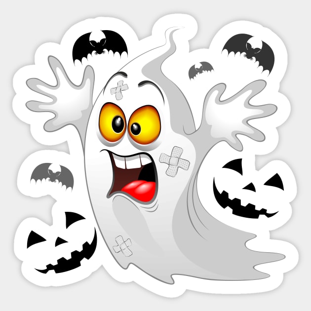 Ghost Funny Halloween Character Scared by Pumpkins and Bats Sticker by BluedarkArt